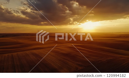 Witness the Gorgeous and Beautiful Golden Sunset Spreading Over the Vast Farmland Landscape 120994182
