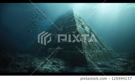Mysterious ancient underwater pyramid surrounded by fish in sunlit ocean depths 120994237