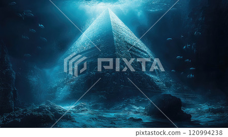 Ancient submerged pyramid underwater exploration scene for educational and archaeological concept 120994238