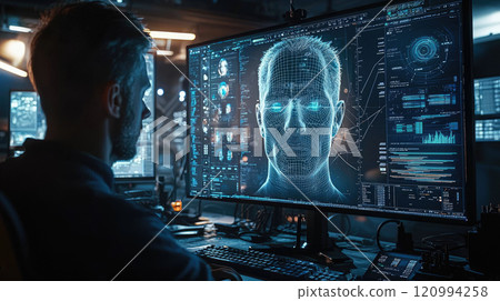 Man analyzing digital facial recognition data on high-tech computer screen in dark office environment 120994258