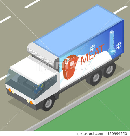 3D Isometric Flat Vector Illustration of Cargo Truck, Refrigerated Meat Transport, Ensuring Safe Food Distribution 120994550