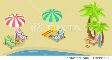 3D Isometric Flat Vector Set of Summer Beach, Vacation by the Sea 120994567