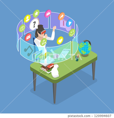3D Isometric Flat Vector Illustration of Learning In The Metaverse, Virtual Reality Technology For Academic Purposes 3D Isometric Flat Vector Illustration of Learning In The Metaverse, Virtual Reality Technology For Academic Purposes 120994607