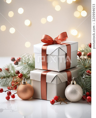 A festive scene of stacked gifts adorned with red bows, pine branches, and baubles, illuminated by warm lights A festive scene of stacked gifts adorned with red bows, pine branches, and baubles, illuminated by warm lights 120994653
