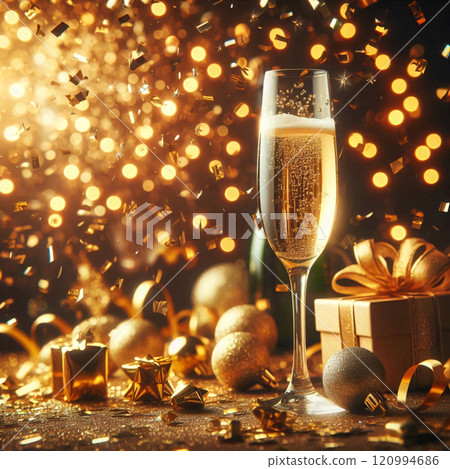 A glass of Sparkling wine with Christmas decorations and confetti 120994686