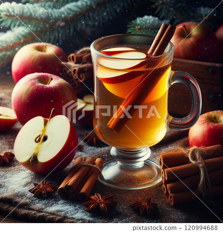 A steaming mug of apple cider with cinnamon sticks, surrounded by apples, spices, and a festive winter setting 120994688