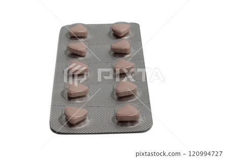 White medicine tablets in transparent blister pack isolated on white background. 120994727
