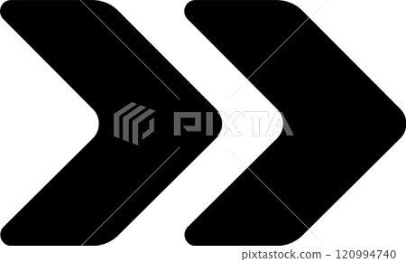 Two black arrows pointing right convey a sense of forward movement and progress against a clean white background, representing direction and growth in a modern design Two black arrows pointing right convey a sense of forward movement and progress against a clean white background, representing direction and growth in a modern design 120994740