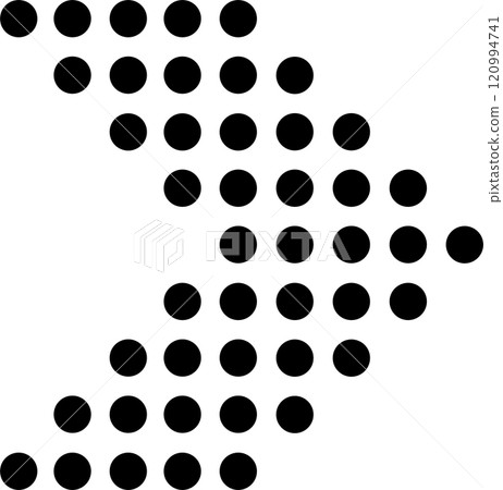 Black dots of increasing and decreasing size are forming a zigzag shape pointing towards the right down corner against a white background, creating an abstract and dynamic visual pattern Black dots of increasing and decreasing size are forming a zigzag shape pointing towards the right down corner against a white background, creating an abstract and dynamic visual pattern 120994741