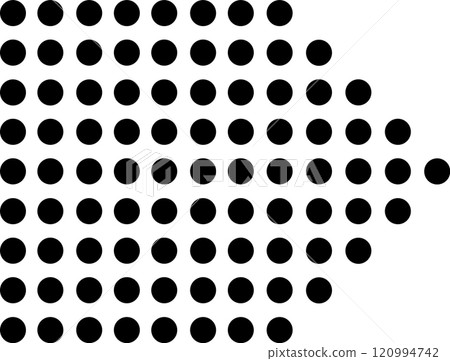 Black dots of decreasing size are forming an arrow shape pointing to the right on a white background, creating a simple yet effective visual representation of direction and movement 120994742