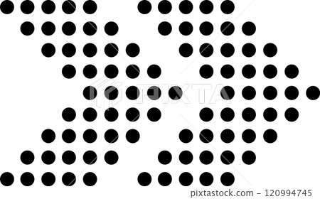 Black dots of increasing size forming arrows pointing in different directions on a white background create a dynamic and abstract visual pattern 120994745