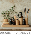 An Arrangement of Natural Bathroom Essentials with Beautiful Plants for a Serene Ambience 120994771