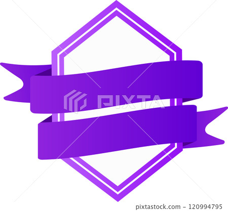 Two elegant purple ribbons wrapping around a hexagonal frame against a crisp white background, creating a versatile badge ideal for various branding and promotional purposes Two elegant purple ribbons wrapping around a hexagonal frame against a crisp white background, creating a versatile badge ideal for various branding and promotional purposes 120994795