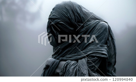 Mysterious figure wrapped in dark, flowing fabric stands in a foggy environment, evoking a sense of intrigue and unease at dusk 120994840