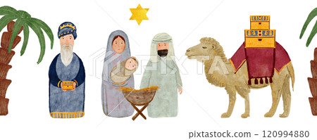 Wise man with a gift, camel and the holy family Christmas nativity scene seamless border digital watercolor isolated on white. Hand painted art perfect for textile, packaging, card, tape, Christmas 120994880