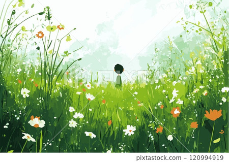 Child walk in chamomile meadow pick up flowers 120994919