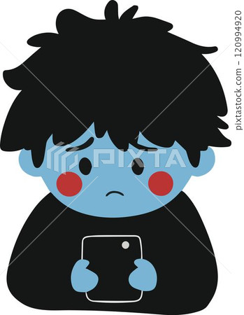 The boy looks at the blue screen of the phone, sad and upset 120994920