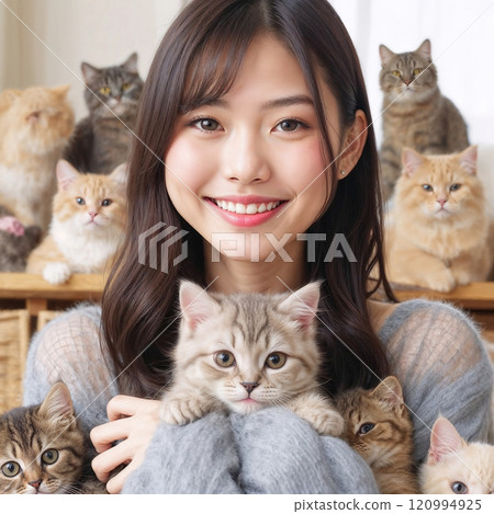 Stock photo (high quality, paid) A girl who loves cats (kittens) 120994925