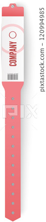 Pink wristband with adjustable closure, featuring company logo, barcode, and space for additional information, designed for event access control and identification Pink wristband with adjustable closure, featuring company logo, barcode, and space for additional information, designed for event access control and identification 120994985