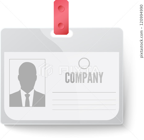 Hanging plastic company id card with a vibrant red lanyard, displaying a photo of a businessman, company logo, and blank lines for entering employee information 120994990