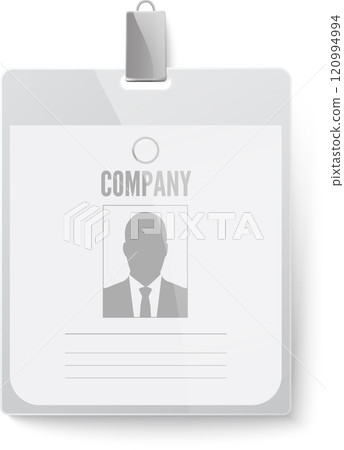 Generic identification card hanging with a metallic clip, featuring a company logo, the silhouette of a businessman, and empty lines for personal information Generic identification card hanging with a metallic clip, featuring a company logo, the silhouette of a businessman, and empty lines for personal information 120994994