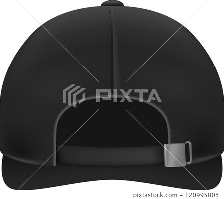 Back view of a realistic black baseball cap mockup featuring an adjustable metal closure, ideal for displaying custom designs and logos in various branding contexts 120995003