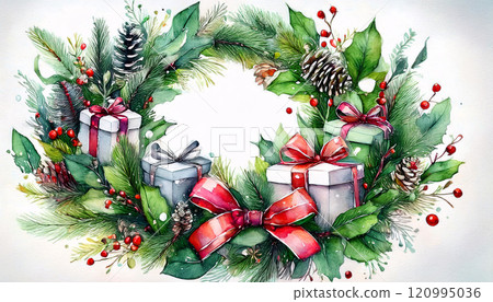 A festive Christmas wreath made of pine branches, decorated with red berries, pine cones, and small presents 120995036