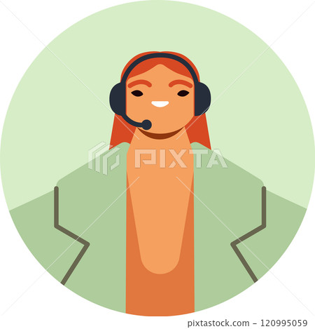 Smiling red haired female customer service or call center representative wearing a headset and a light green jacket, inside a green circle, offering assistance and support 120995059