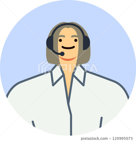 Friendly customer service representative wearing a headset, smiling warmly while providing assistance and support. Engaging in communication within a round icon design Friendly customer service representative wearing a headset, smiling warmly while providing assistance and support. Engaging in communication within a round icon design 120995073