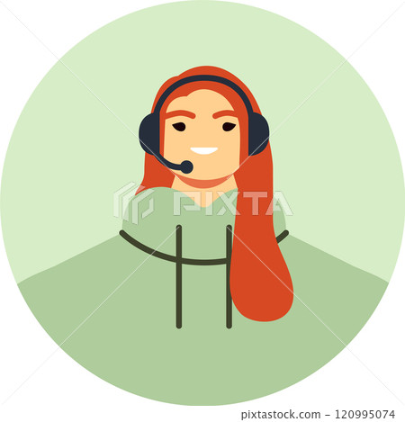 Redhead female call center operator wearing a headset, smiling and assisting customers while providing support, answering inquiries, and ensuring excellent service and satisfaction Redhead female call center operator wearing a headset, smiling and assisting customers while providing support, answering inquiries, and ensuring excellent service and satisfaction 120995074