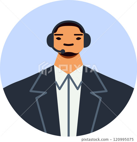 Confident smiling male call center operator wearing headset assisting clients, providing customer support and answering questions, working in modern office Confident smiling male call center operator wearing headset assisting clients, providing customer support and answering questions, working in modern office 120995075