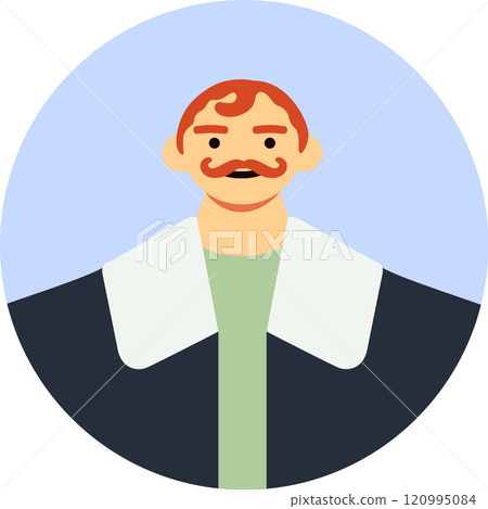 Portrait of a redhead man with a mustache wearing a dark jacket with large lapels and a light green shirt, in a simple cartoon style with a circular background Portrait of a redhead man with a mustache wearing a dark jacket with large lapels and a light green shirt, in a simple cartoon style with a circular background 120995084