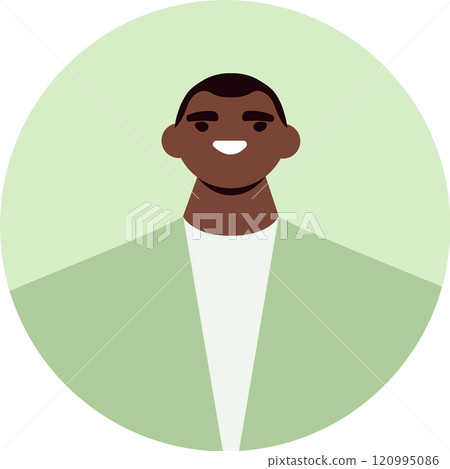 Minimalist vector illustration of a cheerful young man, possibly a professional or office worker, wearing a light green jacket, ideal for profile pictures, avatars, or social media icons 120995086