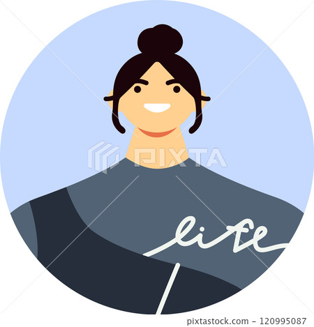 Portrait of a cheerful young woman with a big smile, wearing a stylish top with life written on it, exuding positivity and enjoying life to the fullest 120995087