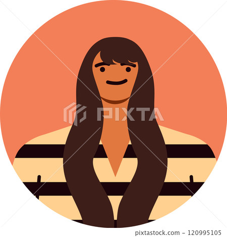 Minimalist vector illustration of a young woman with long brown hair, wearing a striped shirt, smiling subtly against a round orange backdrop, creating a simple yet stylish profile picture 120995105