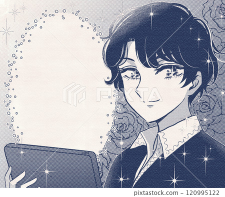 Retro style, handsome man operating a tablet and glittering speech bubble banner 120995122