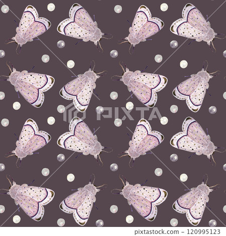 Pink moths and pearls watercolor seamless pattern on dusty purple. Hand painted illustration perfect for wrapping paper, scarfs, cosmetic bag, textile, scrapbooking. Victorian vibe clip art 120995123
