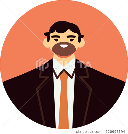 Portrait of a smiling businessman with a beard, wearing a suit and tie, presented in a circular frame against a vibrant orange backdrop, conveying professionalism and approachability 120995194