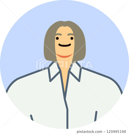 Smiling professional woman with gray hair and a white shirt, set against a light blue circular background, creating a modern and approachable avatar icon 120995198
