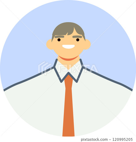 Portrait of a cheerful businessman wearing a white shirt and tie, smiling confidently within a circular frame, conveying professionalism and approachability in corporate settings 120995205