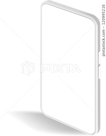 Modern white smartphone with blank screen casting a shadow is standing on a white background, perfect for showcasing mobile apps or websites 120995216