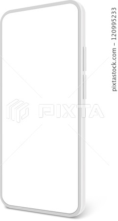 White smartphone featuring a blank screen, displaying a sleek side view, ideal for presenting mobile apps or websites with a modern and minimalist aesthetic 120995233