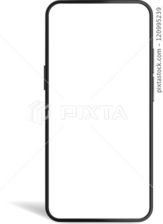 Realistic smartphone mockup showing a blank white screen with rounded corners, power and volume buttons, perfect for showcasing mobile app designs and user interfaces 120995239