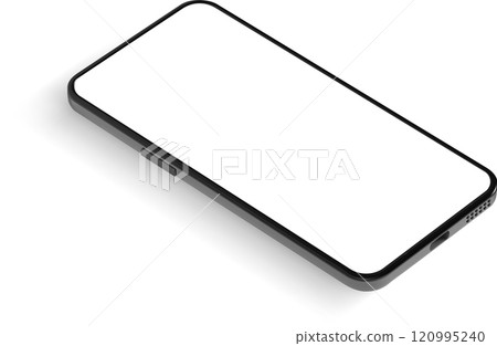 Perspective view of a modern smartphone with a blank white screen, casting a subtle shadow on a clean white surface, ideal for showcasing mobile applications or digital content 120995240
