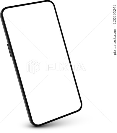 Realistic smartphone mockup featuring a blank white screen on a white background with subtle shadow, ideal for showcasing mobile apps, websites, or user interfaces 120995242