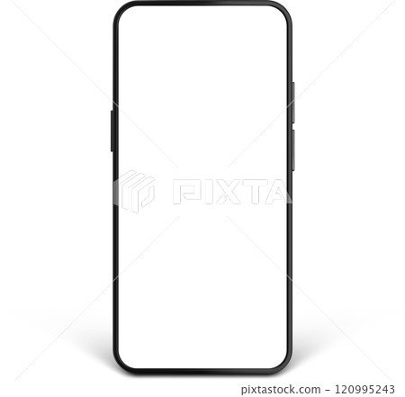 Realistic smartphone with blank white screen displaying, perfect for showcasing mobile apps, websites, or user interfaces on a clean white background with subtle shadow 120995243