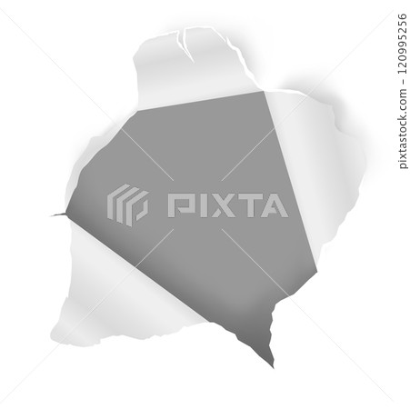 White sheet of paper featuring a large ripped hole, revealing a gray background and creating a striking frame with ample copy space for text or design elements White sheet of paper featuring a large ripped hole, revealing a gray background and creating a striking frame with ample copy space for text or design elements 120995256