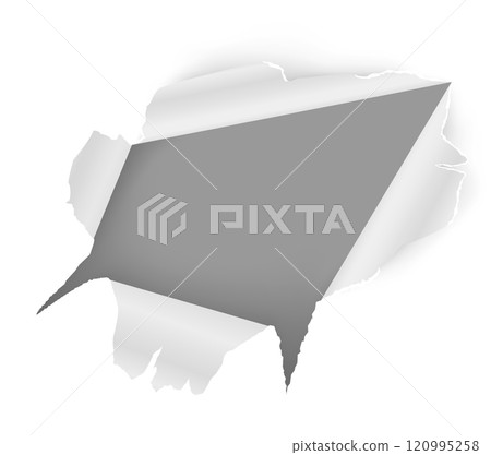 Torn sheet of white paper creating a dramatic ripped effect, revealing a textured gray surface underneath, enhancing the layered visual appeal and adding depth to the composition 120995258