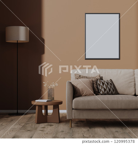 Blank frame mock-up on brown mocha mousse color wall in living room interior, 3d render 120995378