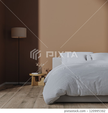 Bedroom interior in Mocha Mousse color trend 2025 year , furniture and background. Modern luxury room interior design, 3d render 120995382